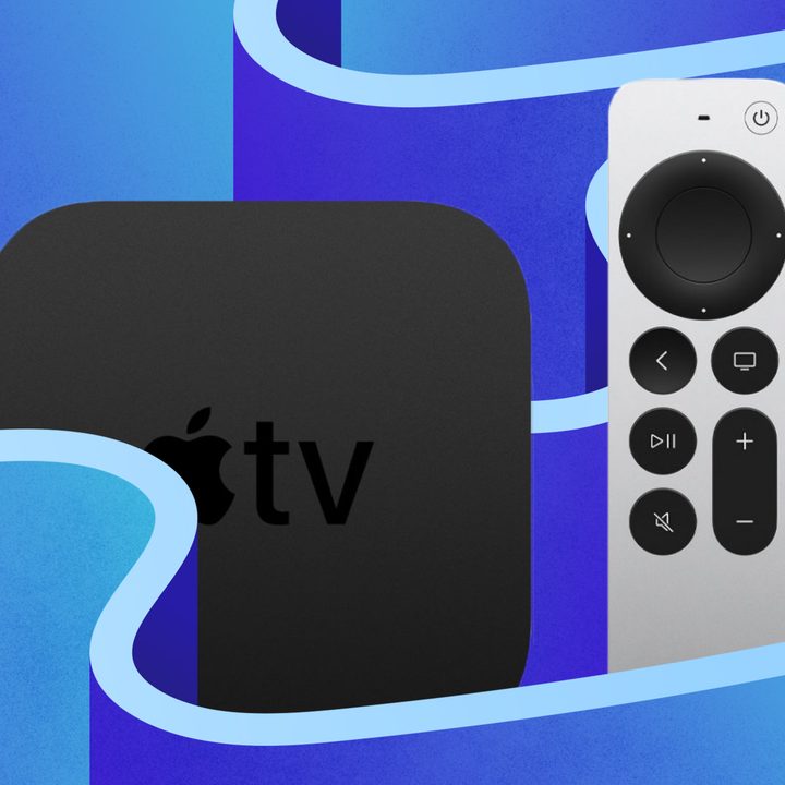 Apple TV 4K image on a blue stylized background.