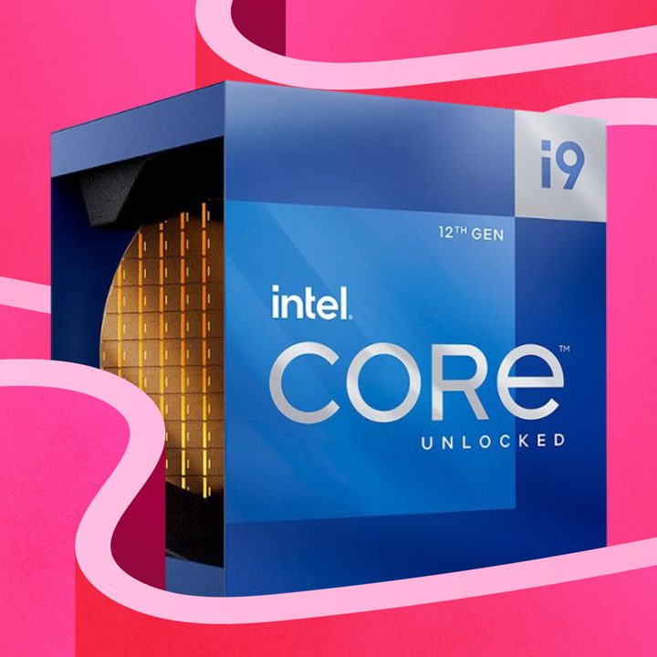 Intel Core i9-12900K image on a pink stylized background.