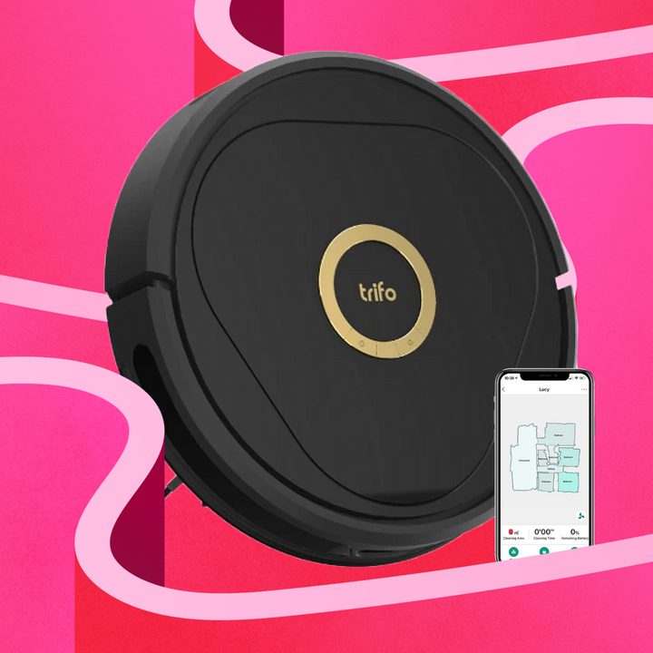 Lucy Robot Vacuum image on a pink stylized background.