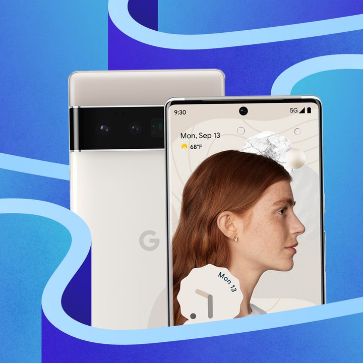 Pixel 6 image on a blue stylized background.