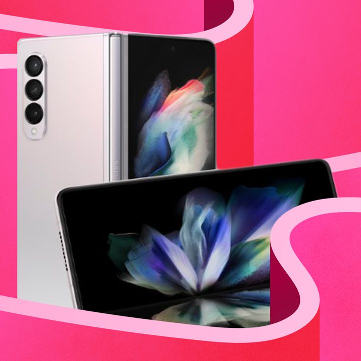 Samsung Galaxy Z Fold 3 image on a pink stylized background.