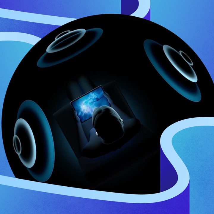 Spacial Audio image on a blue stylized background.