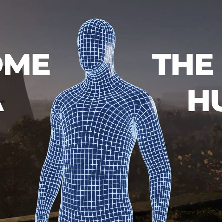A digital figure stands in front of text that reads "Become the first meta human."