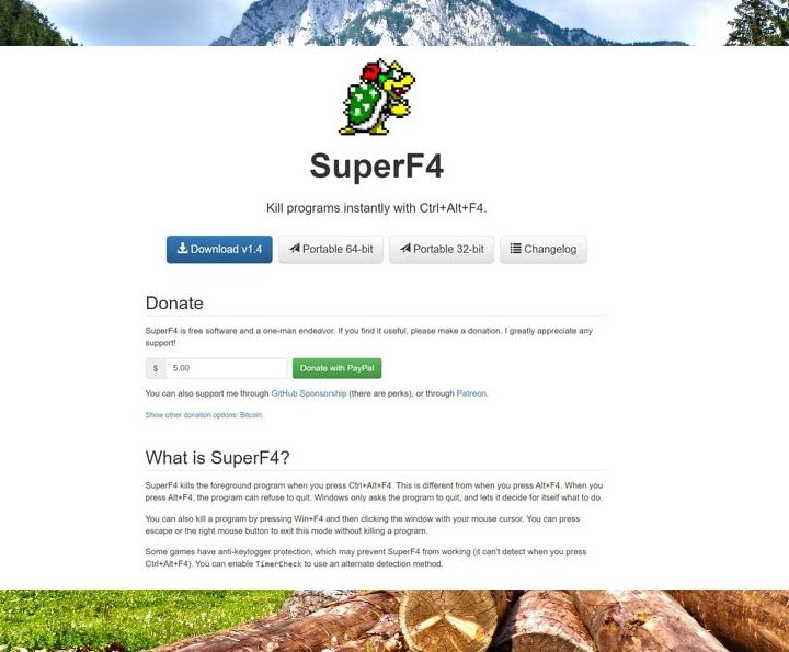 SuperF4 website on Windows.
