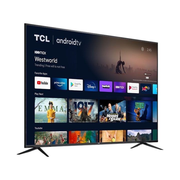TCL 70-inch 4K TV on White Background at a side-angle while displaying apps and show recommendations.