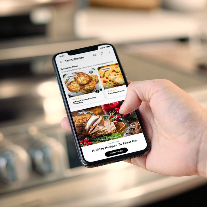 A smartphone displaying the in-app LG ThinQ Recipe Feature.