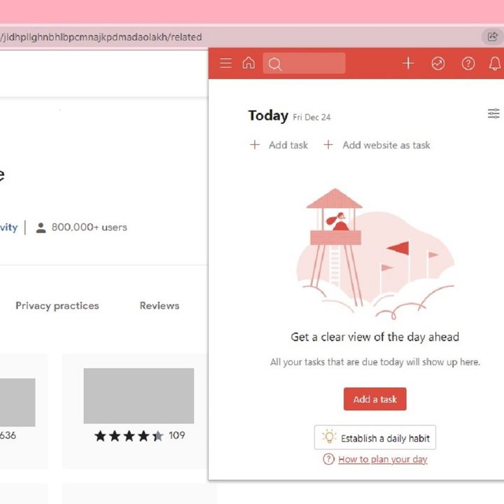 Todoist for Chrome screenshot showing the browser extension in use.