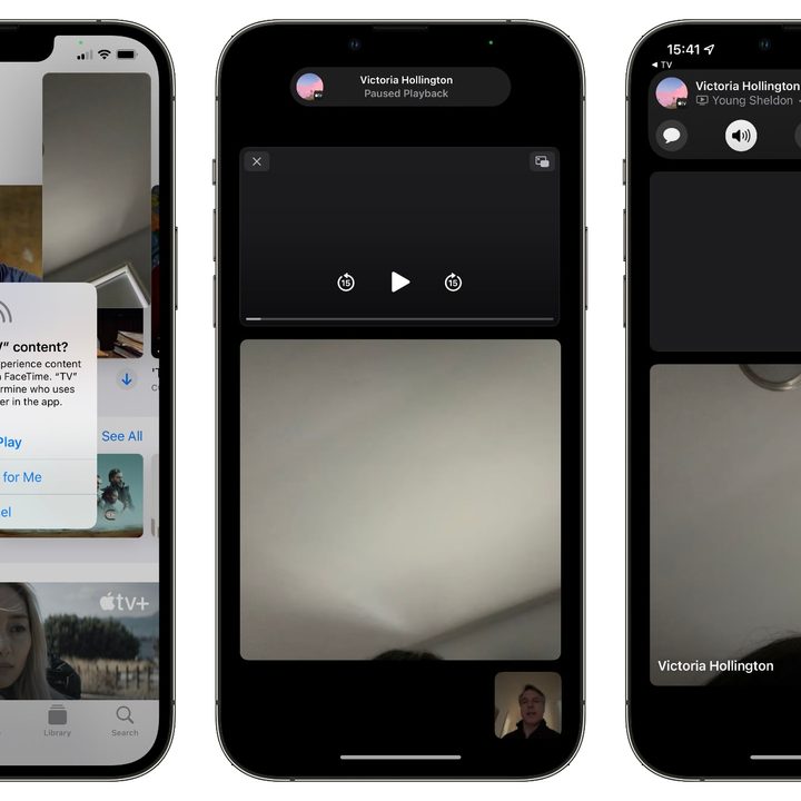 Three screens showing how to set up and use SharePlay on an iPhone.