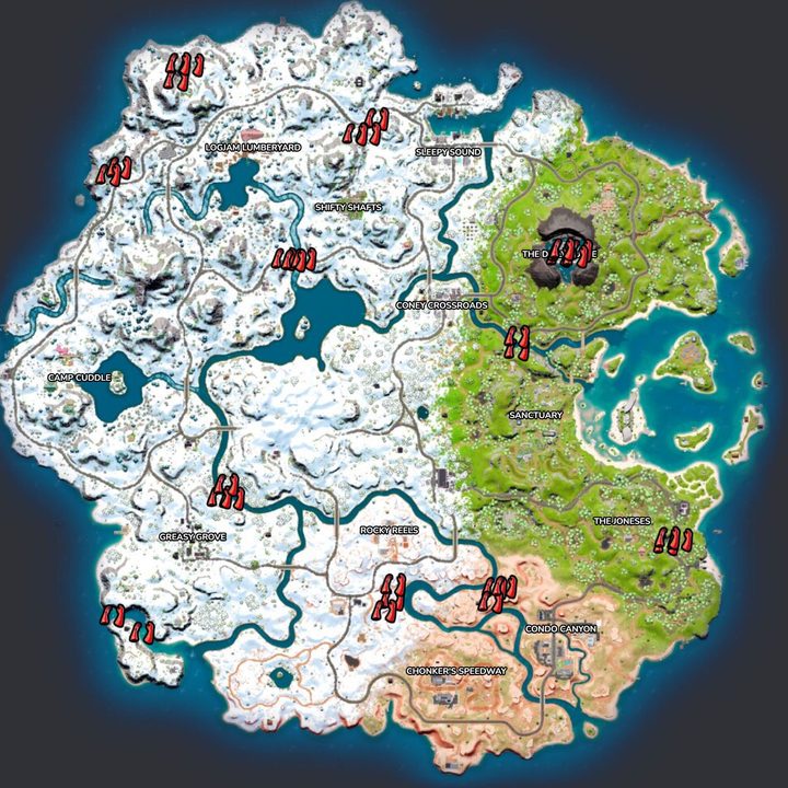 Map of web shooters in Fortnite.