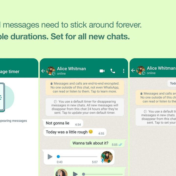 WhatsApp's new page for managing message visibility durations.