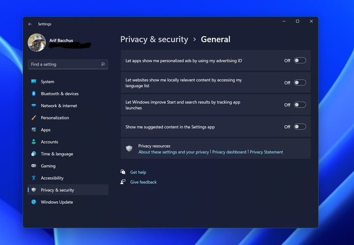 Privacy settings in Windows 11.