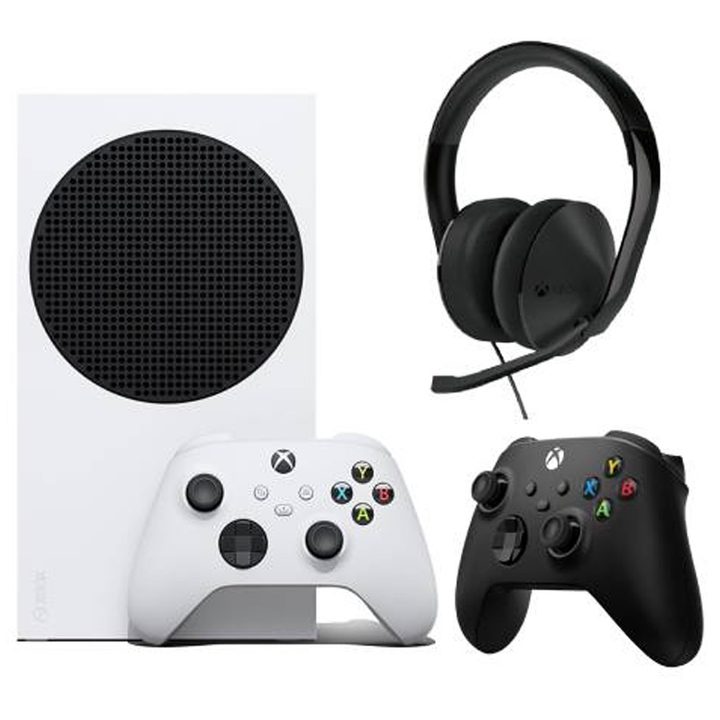 Xbox Series S Bundle with Xbox Stereo Headset and a black Xbox wireless controller.