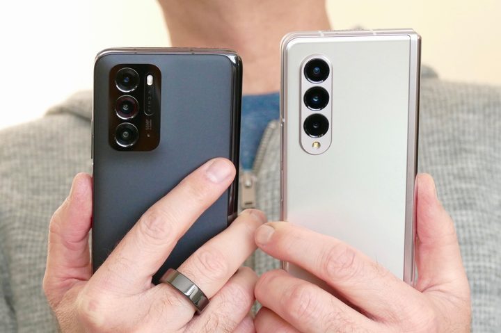 Galaxy Z Fold 3 and Oppo Find N closed in hand.