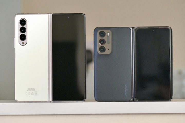Galaxy Z Fold 3 and Oppo Find N open from the back.