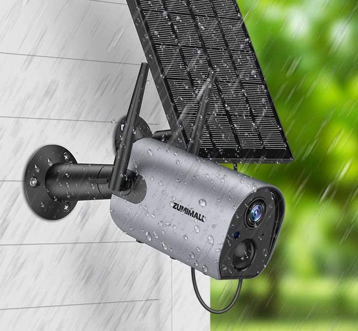 Zumimall security camera installed on side of house in the rain.