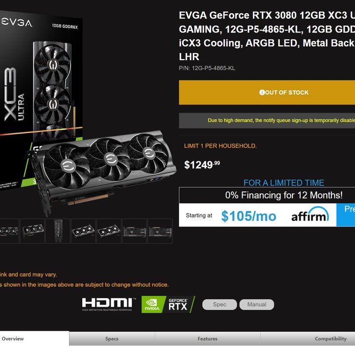 RTX 3080 Ti listing on EVGA website.