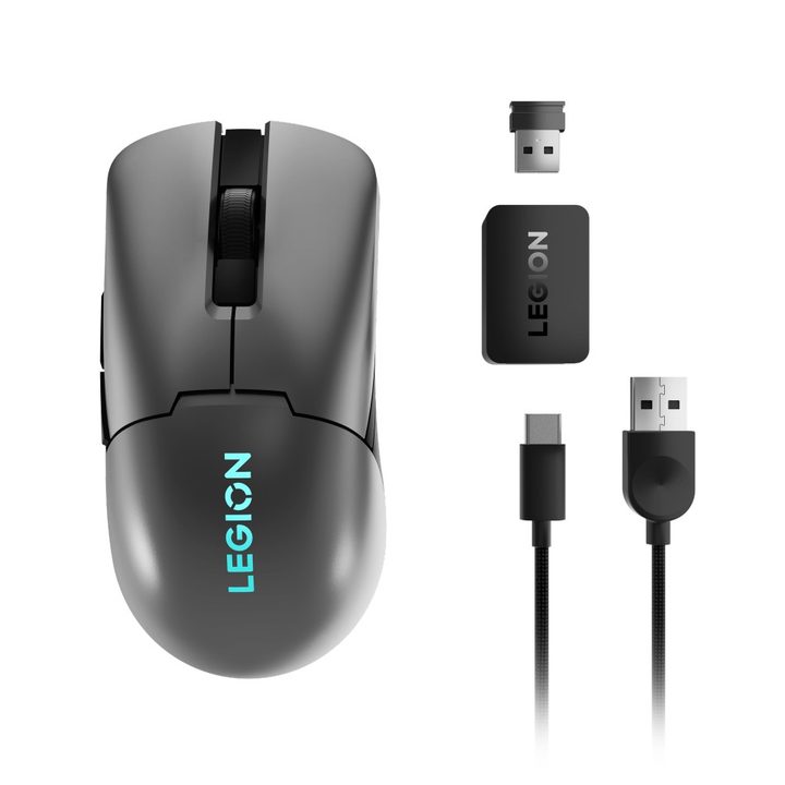The silver, wireless Legion gaming mouse with the USB dongle.