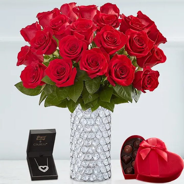 1800Flowers two dozen Sparkle Her Day red roses with chocolates and and a necklace.