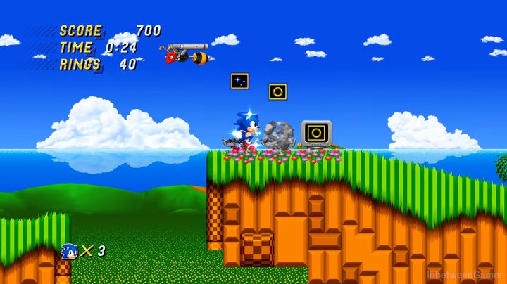 Sonic collecting items in a video game.