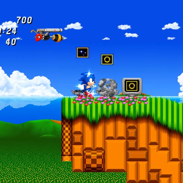 Sonic collecting items in a video game.
