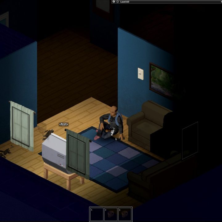 A character sitting in front of a TV in Project Zomboid