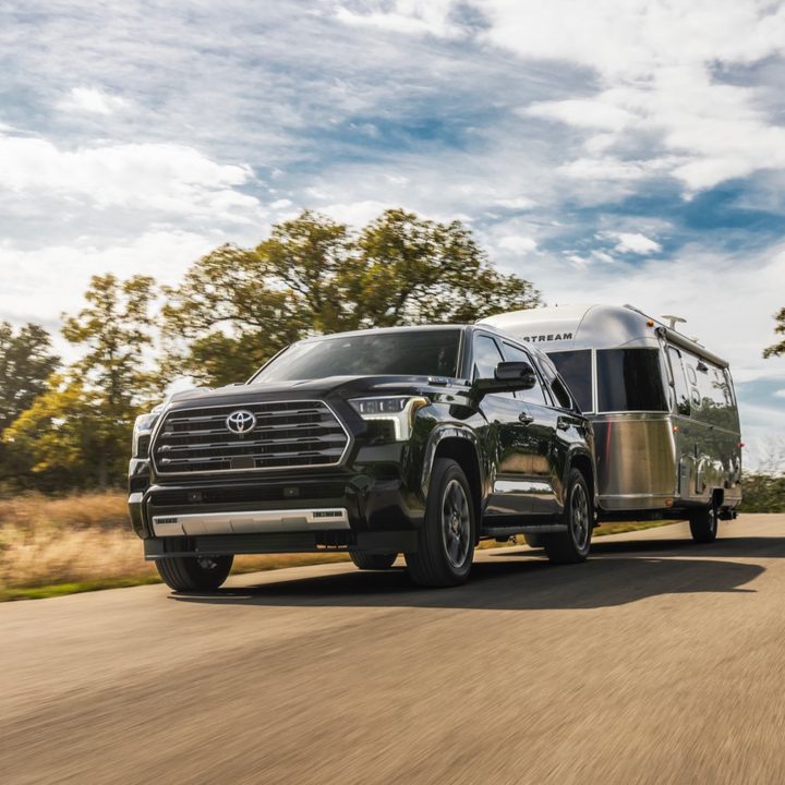 The 2023 Toyota Sequoia towing an Airstream trailer.