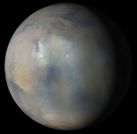 Composite view showing the presence of a regional dust storm obscuring the location of Perseverance rover and Ingenuity Mars Helicopter (white circle).