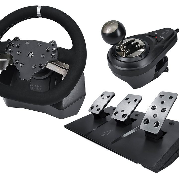 Monoprice's Pro racing wheel, pedals, and stick shift displayed together.