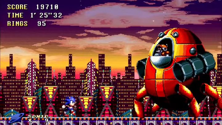 Sonic fighting a giant robot.