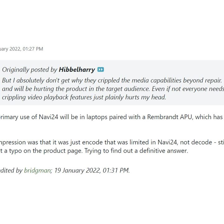 A forum post about the AMD Radeon Navi 24 GPU.