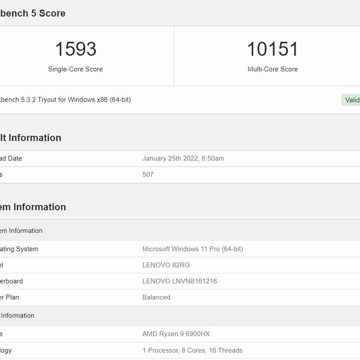 Geekbench results for the AMD Ryzen 9 6900HX APU.