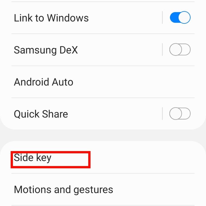 Side Key menu on a Samsung Galaxy S20.