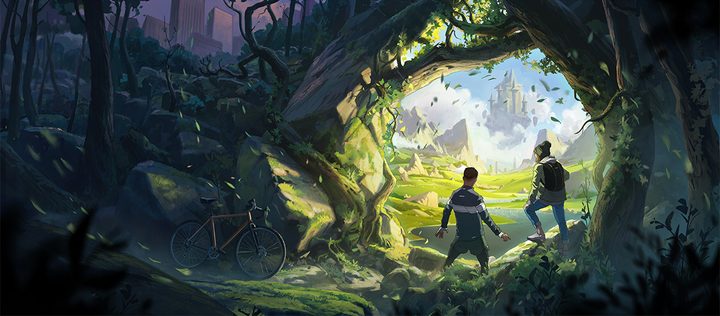 Concept art of two characters walking through the woods toward a castle in the distance.