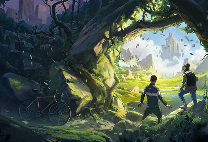 Concept art of an upcoming game from Blizzard shows two characters walking through the woods toward a castle in the distance.