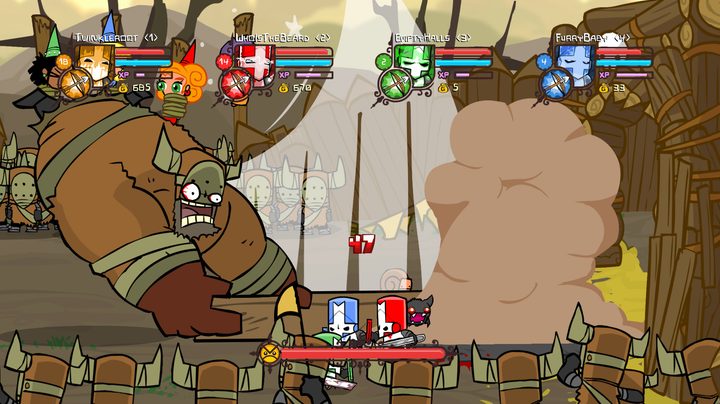 A giant slamming down on four knights in Castle Crashers