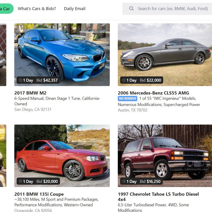 Cars & Bids car listings.