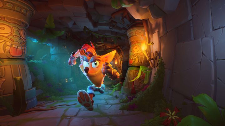 Crash Bandicoot emerging from a tunnel, with a smirk on his face.