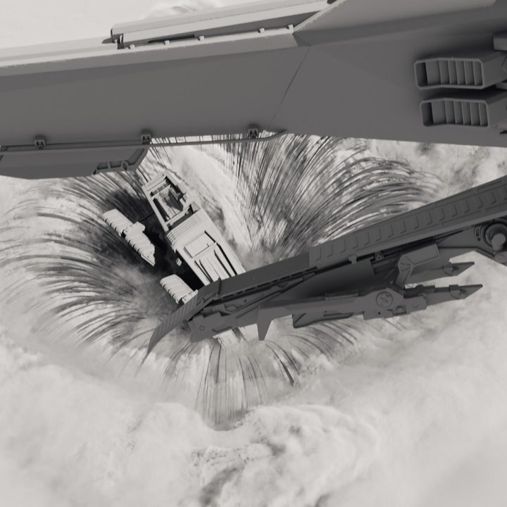 A black-and-white VFX shot from Dune with a ship in the foreground and worm in the background.