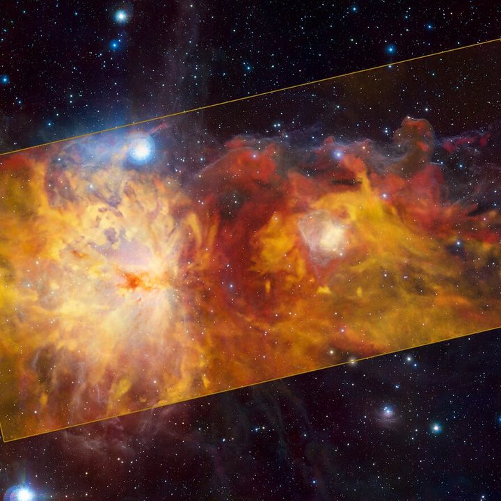 The Flame Nebula region as seen with APEX and VISTA.