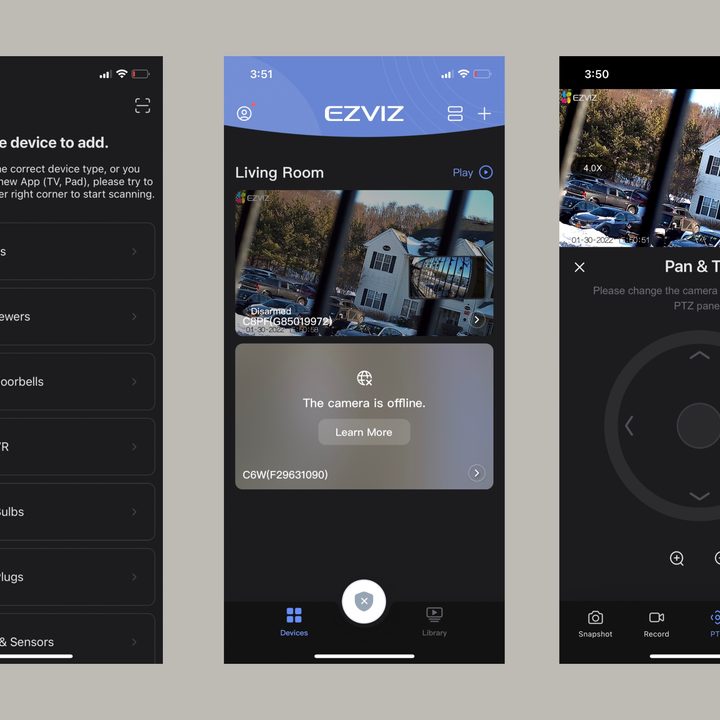 Screens from the EZVIZ control app.