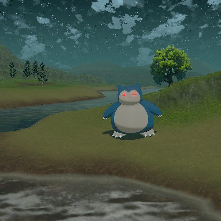 An Alpha Snorlax at night in Pokémon Legends: Arceus.