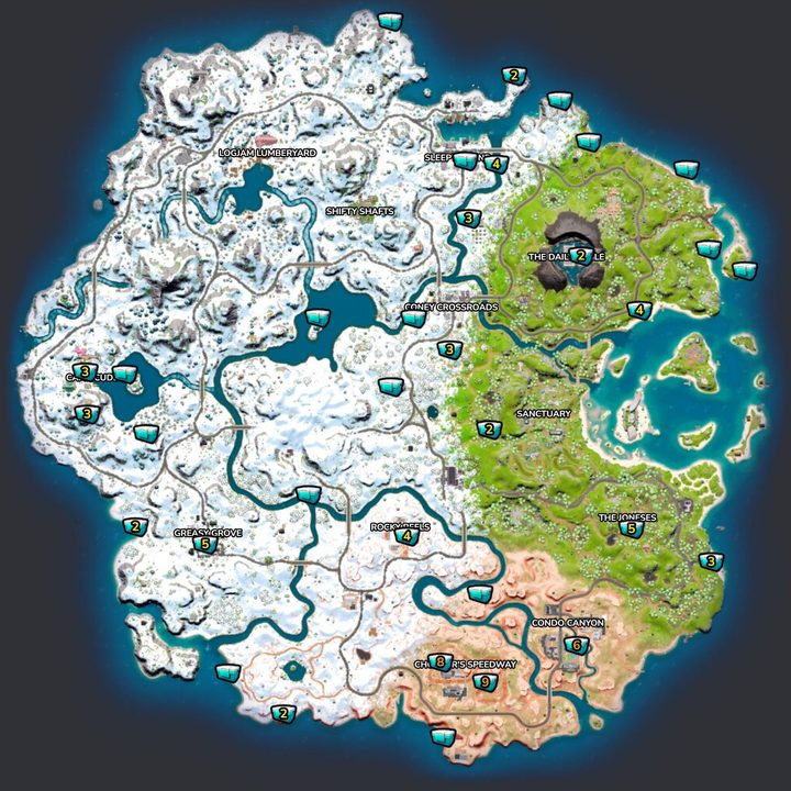 Map of ice boxes in Fortnite.
