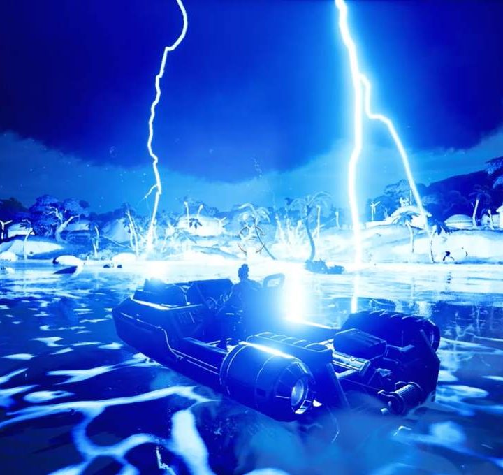 Fortnite player boating through lightning storm.