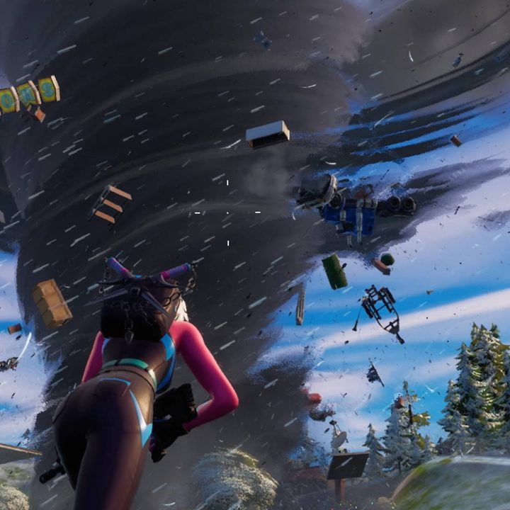Running towards tornado in Fortnite.