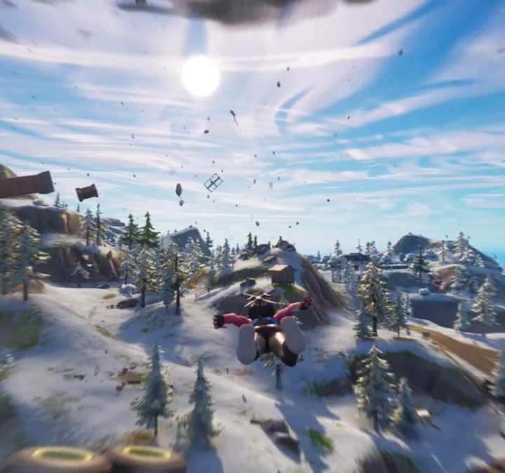 Fortnite character flying through a tornado.