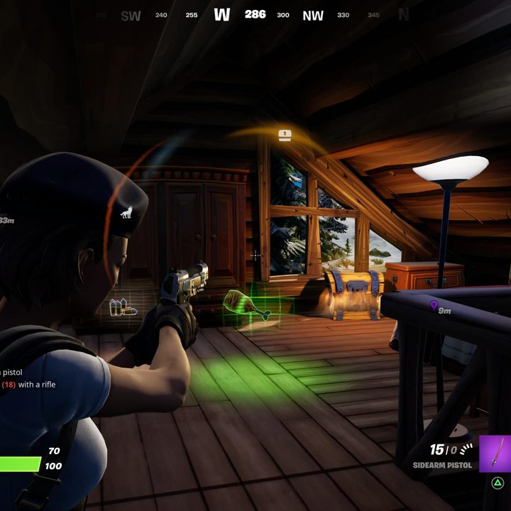Aiming with a pistol in Fortnite.