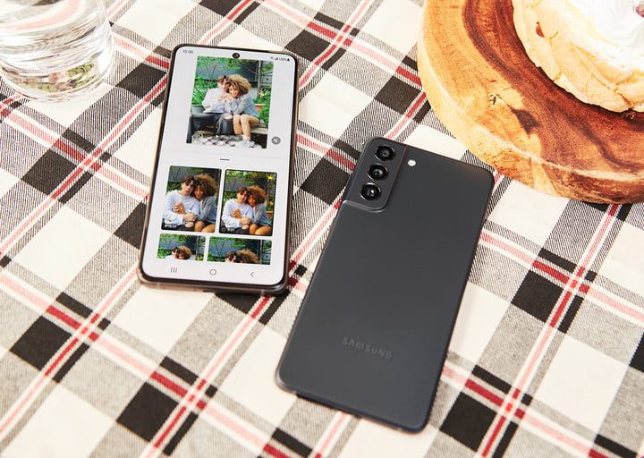 Two Samsung Galaxy S21's on a table.