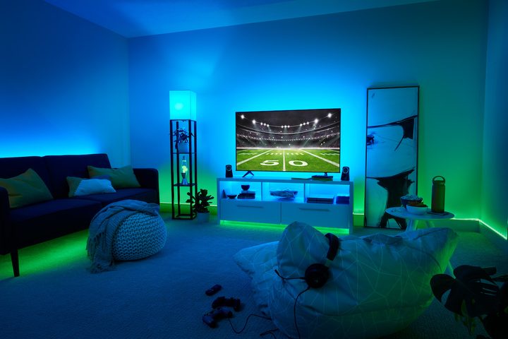 GE Cync lights set up in gaming room.