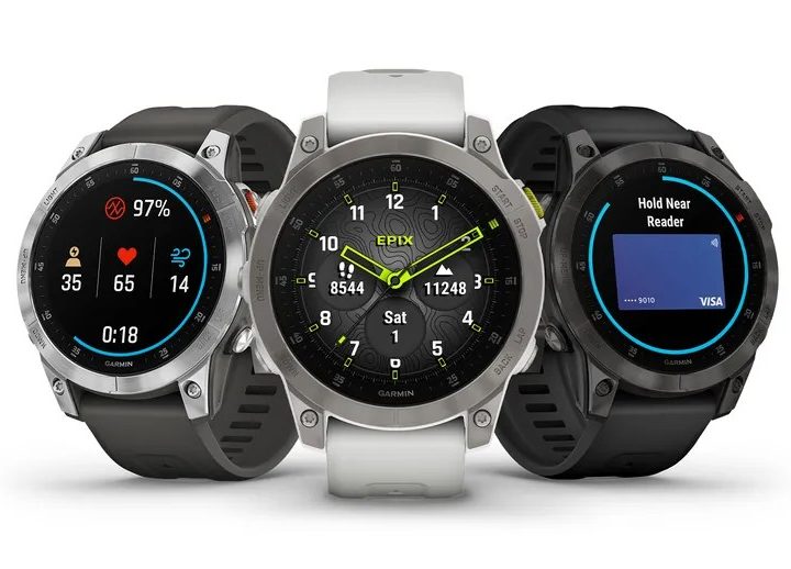 Lineup of all the new Garmin Epix fitness smartwatch.