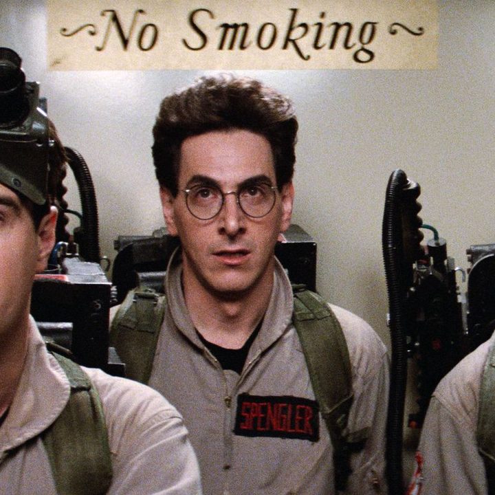 Dan Aykroyd, Harold Ramis, and Bill Murray in an elevator in a scene from Ghostbusters.